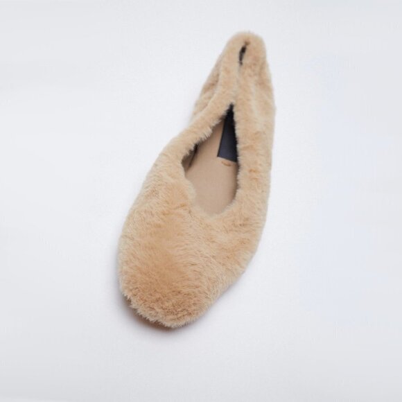 NWT Zara light brown taupe tan faux fur low heeled ballet flats, 8 - Picture 7 of 14